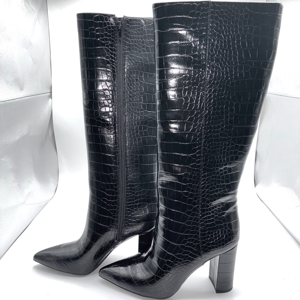 INC International Concepts Paiton Black Croc Embossed Tall Heeled Boots Women 8M